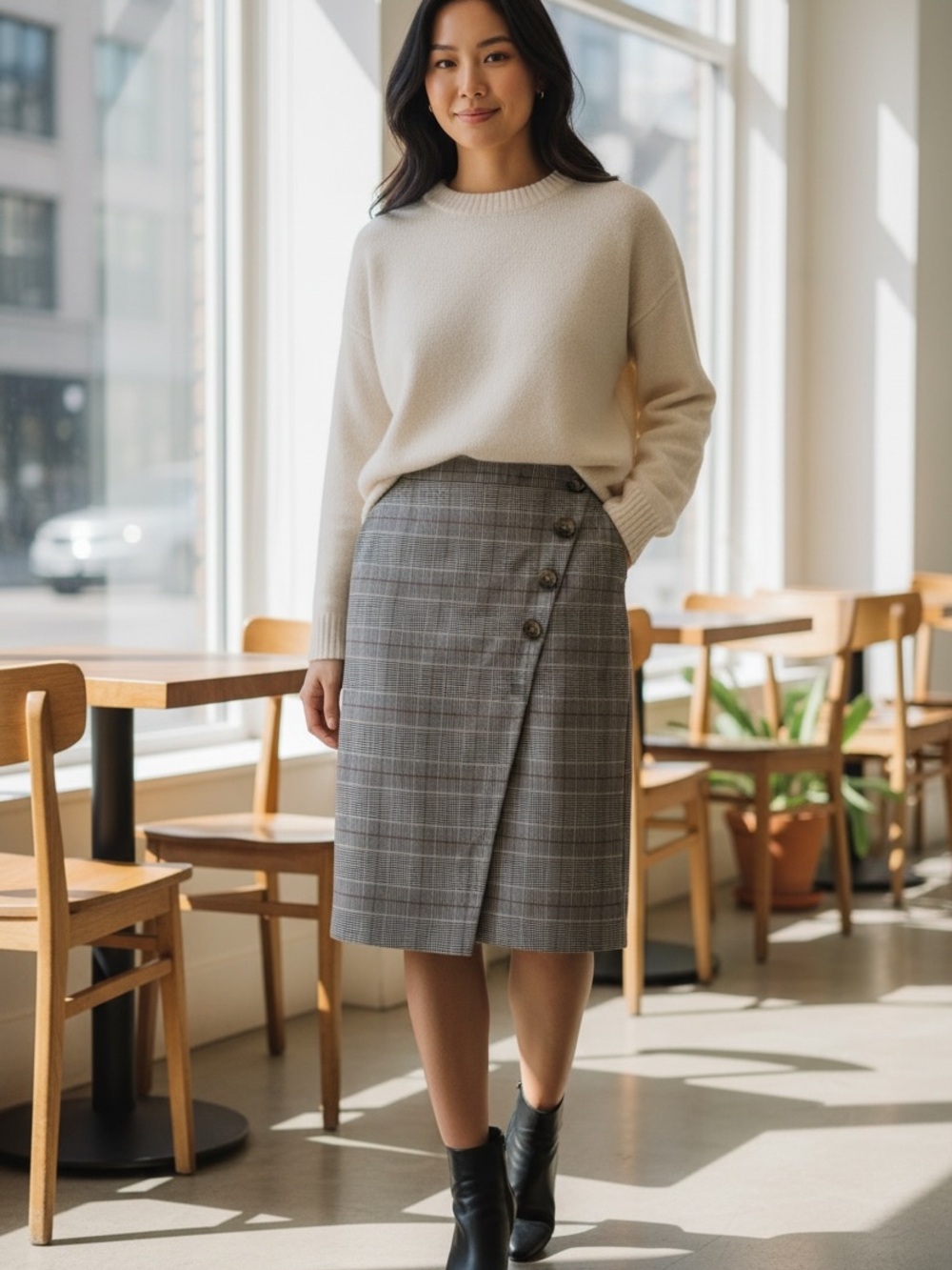 Soho Plaid Pencil Skirt in Beige with Rust Windowpane